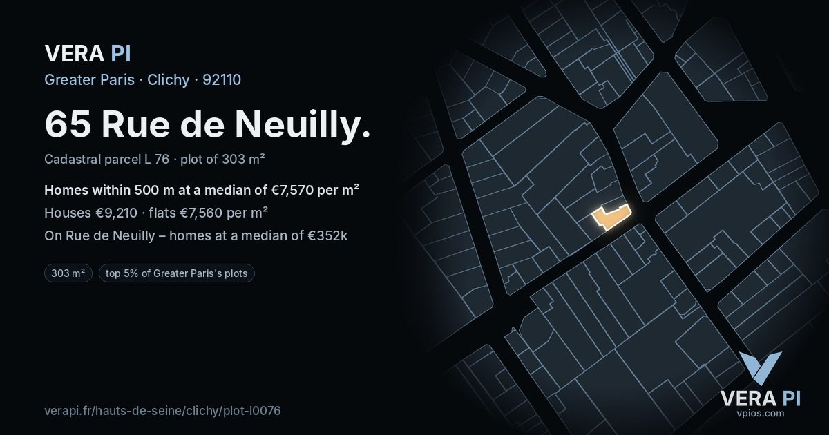 65 Rue de Neuilly, Clichy at night – the plot lit, the parcels around coloured by the prices near them
