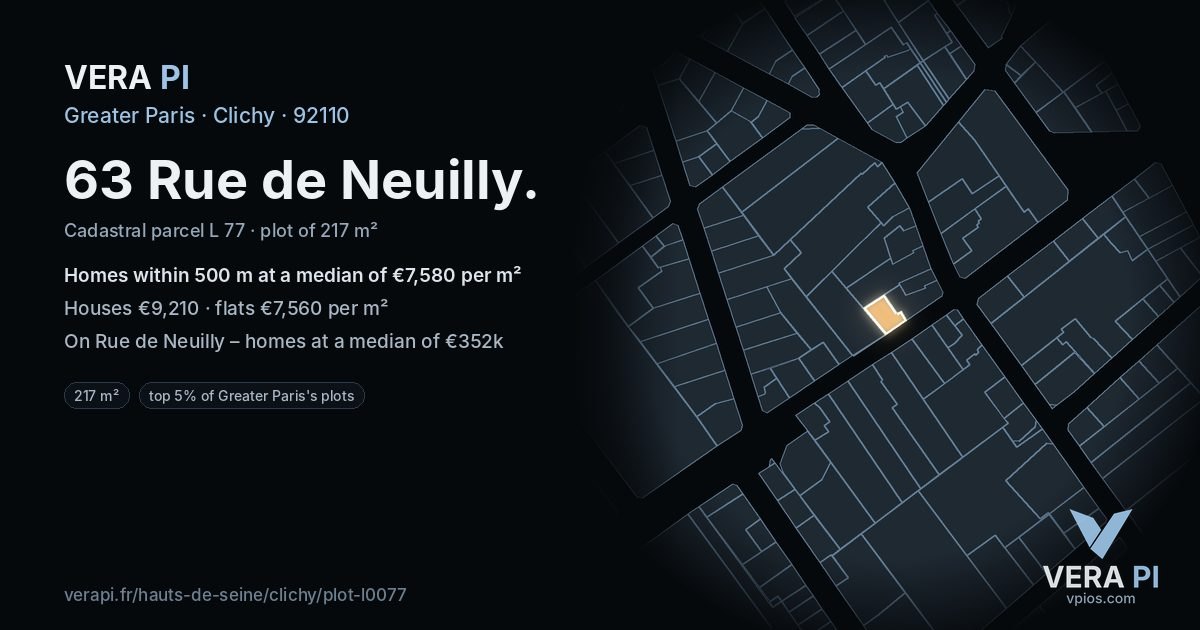 63 Rue de Neuilly, Clichy at night – the plot lit, the parcels around coloured by the prices near them