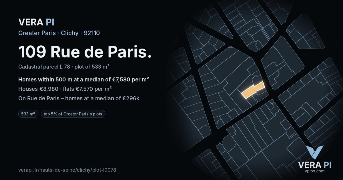 109 Rue de Paris, Clichy at night – the plot lit, the parcels around coloured by the prices near them