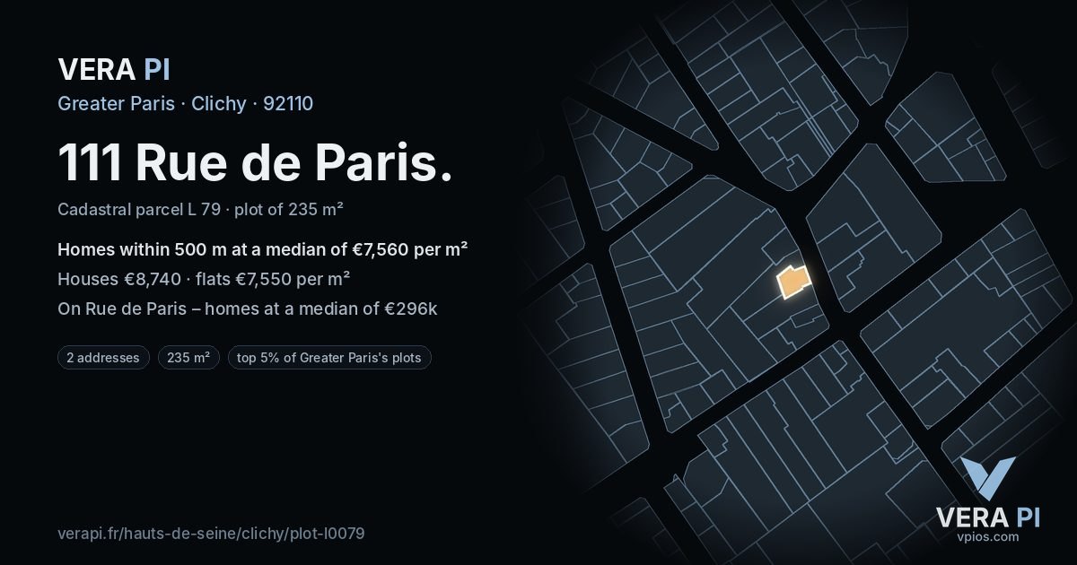 111 Rue de Paris, Clichy at night – the plot lit, the parcels around coloured by the prices near them