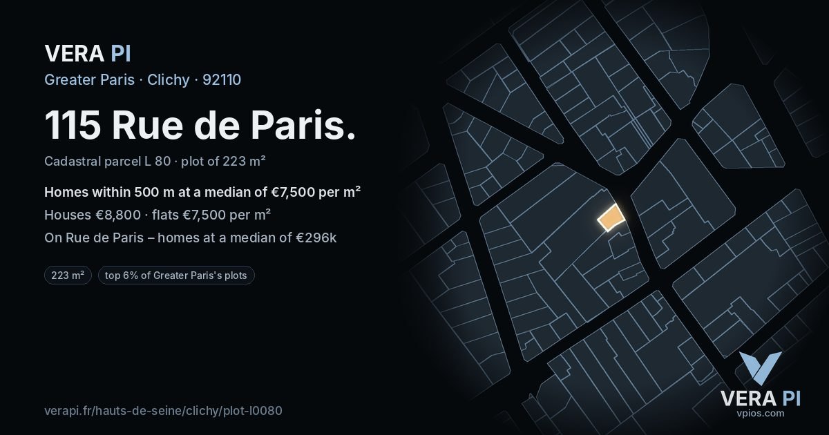 115 Rue de Paris, Clichy at night – the plot lit, the parcels around coloured by the prices near them