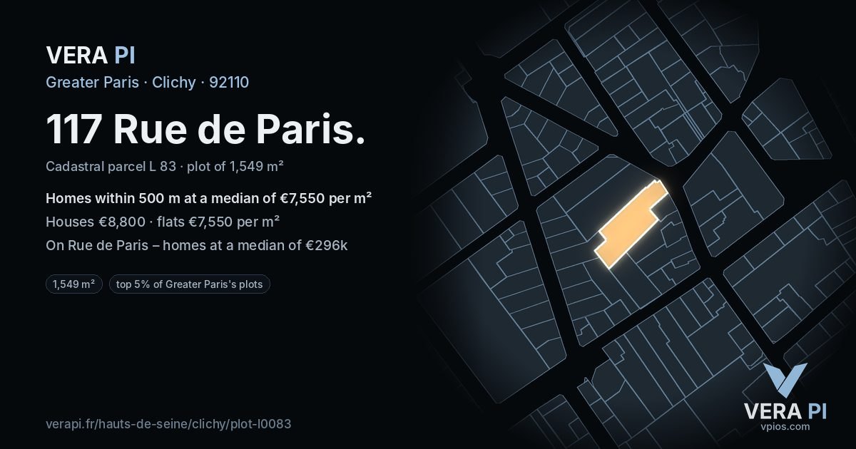 117 Rue de Paris, Clichy at night – the plot lit, the parcels around coloured by the prices near them