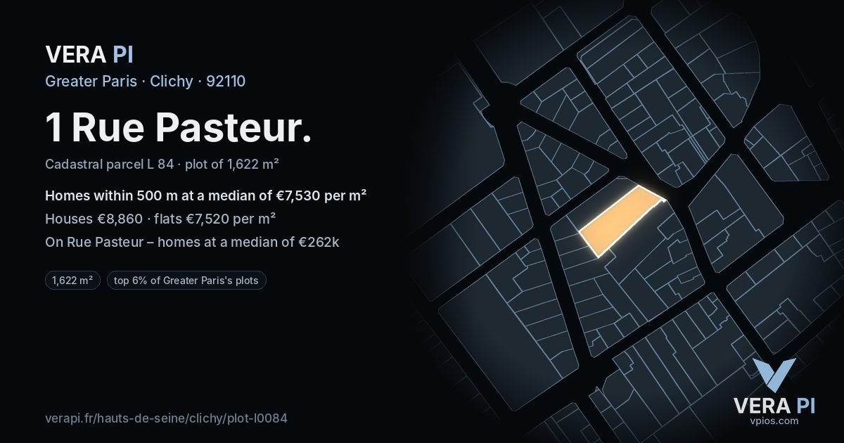 1 Rue Pasteur, Clichy at night – the plot lit, the parcels around coloured by the prices near them