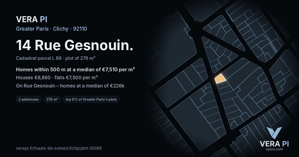 14 Rue Gesnouin, Clichy at night – the plot lit, the parcels around coloured by the prices near them