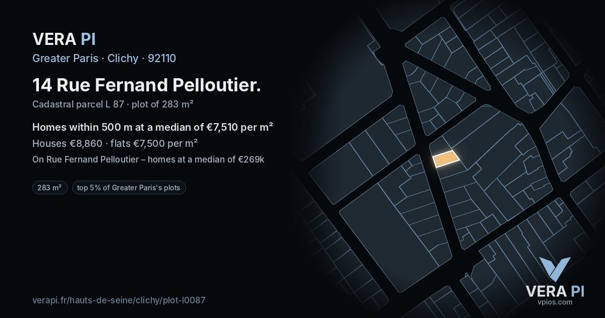 14 Rue Fernand Pelloutier, Clichy at night – the plot lit, the parcels around coloured by the prices near them