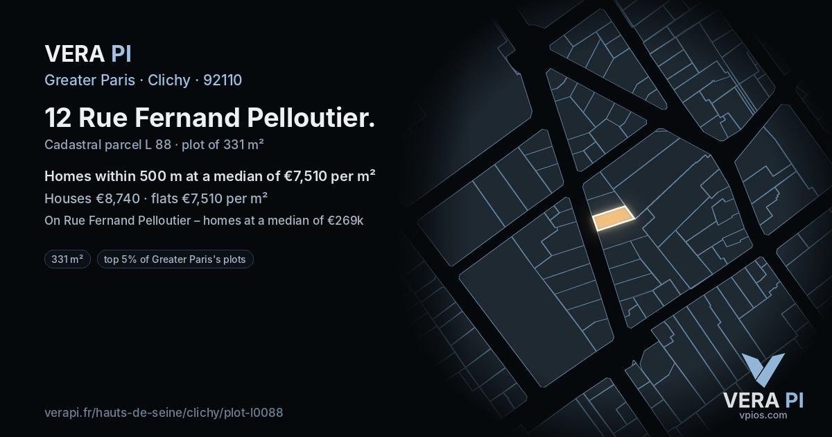 12 Rue Fernand Pelloutier, Clichy at night – the plot lit, the parcels around coloured by the prices near them