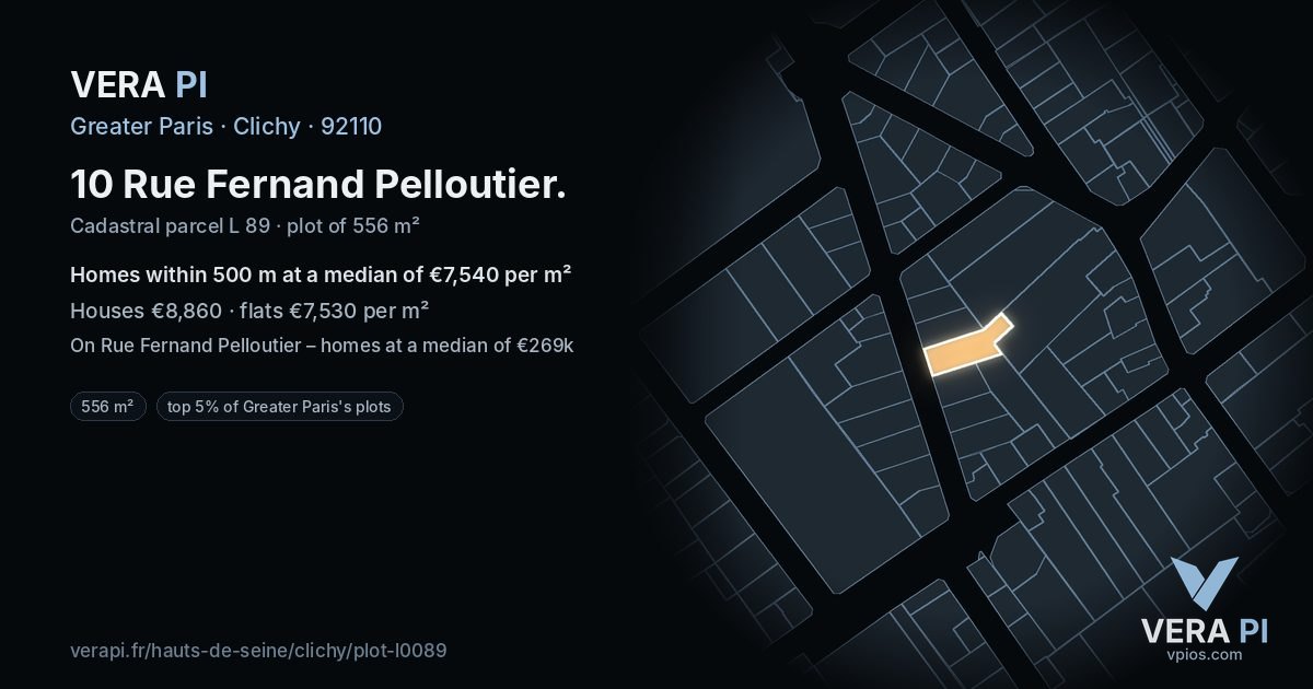 10 Rue Fernand Pelloutier, Clichy at night – the plot lit, the parcels around coloured by the prices near them