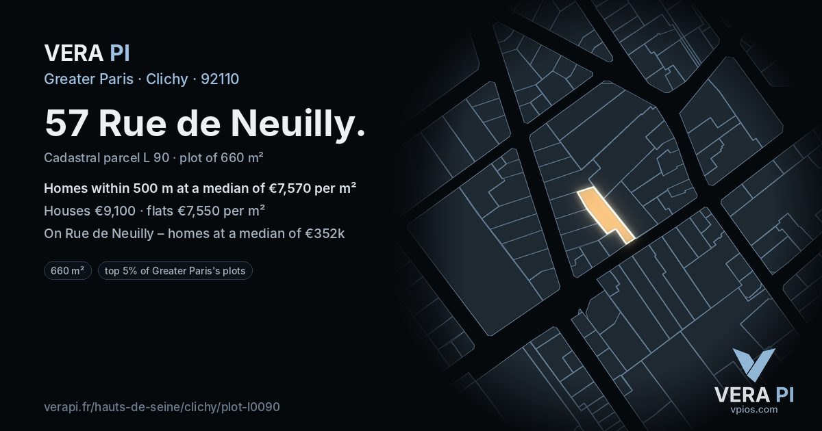 57 Rue de Neuilly, Clichy at night – the plot lit, the parcels around coloured by the prices near them