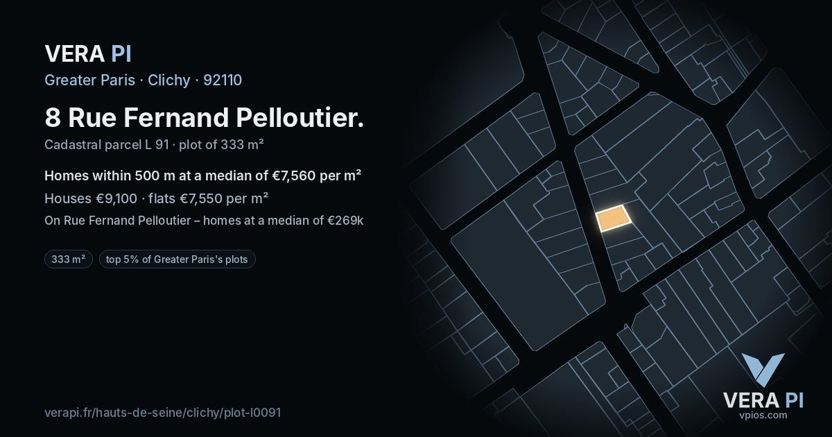 8 Rue Fernand Pelloutier, Clichy at night – the plot lit, the parcels around coloured by the prices near them