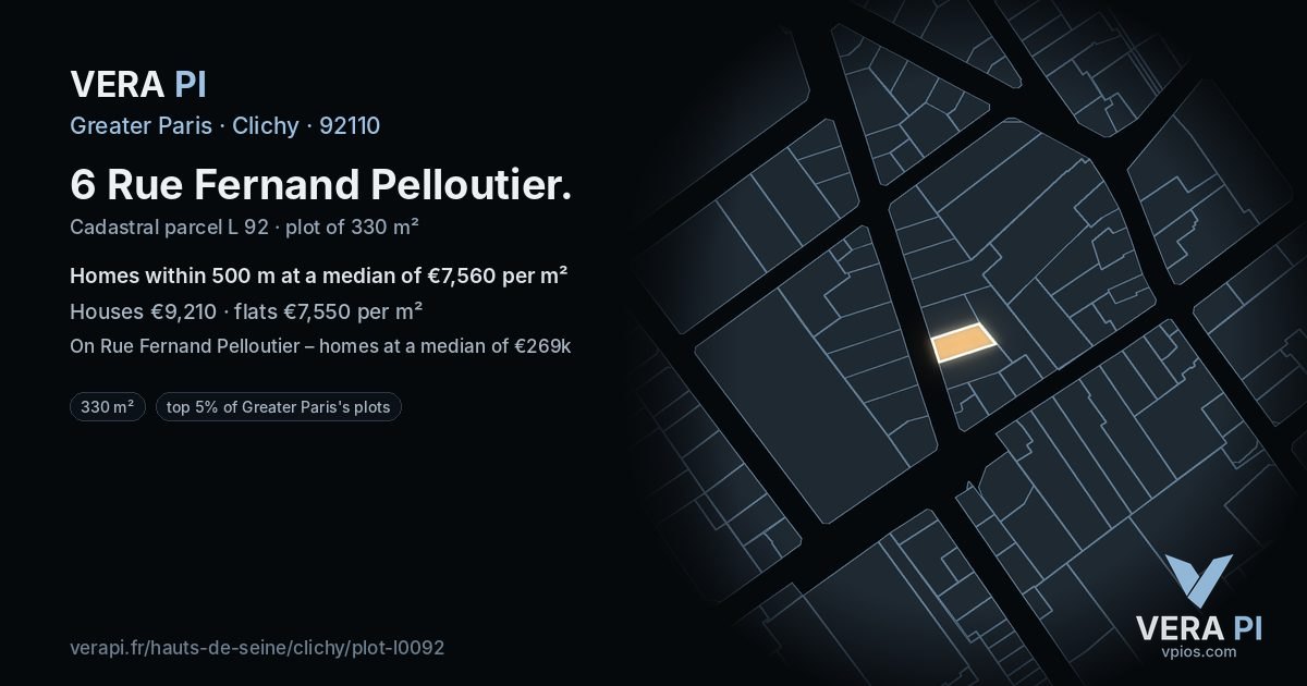 6 Rue Fernand Pelloutier, Clichy at night – the plot lit, the parcels around coloured by the prices near them