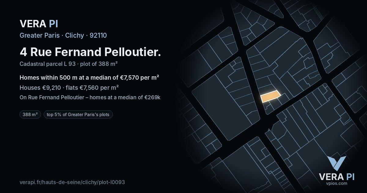 4 Rue Fernand Pelloutier, Clichy at night – the plot lit, the parcels around coloured by the prices near them
