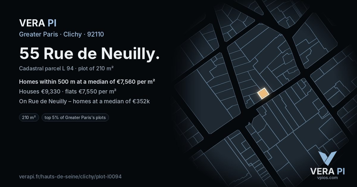 55 Rue de Neuilly, Clichy at night – the plot lit, the parcels around coloured by the prices near them