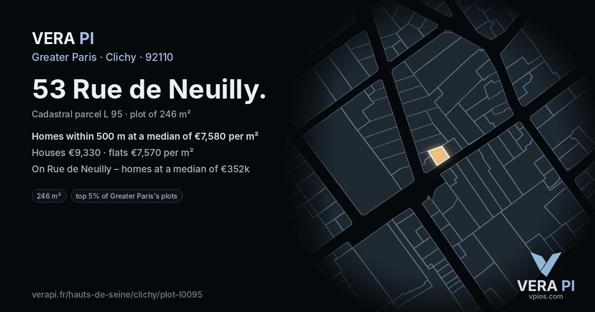 53 Rue de Neuilly, Clichy at night – the plot lit, the parcels around coloured by the prices near them