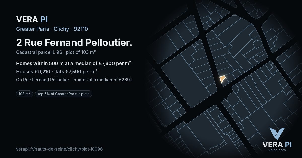 2 Rue Fernand Pelloutier, Clichy at night – the plot lit, the parcels around coloured by the prices near them