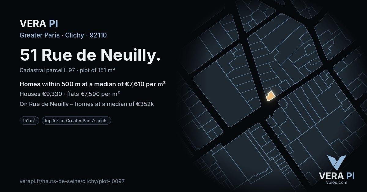 51 Rue de Neuilly, Clichy at night – the plot lit, the parcels around coloured by the prices near them