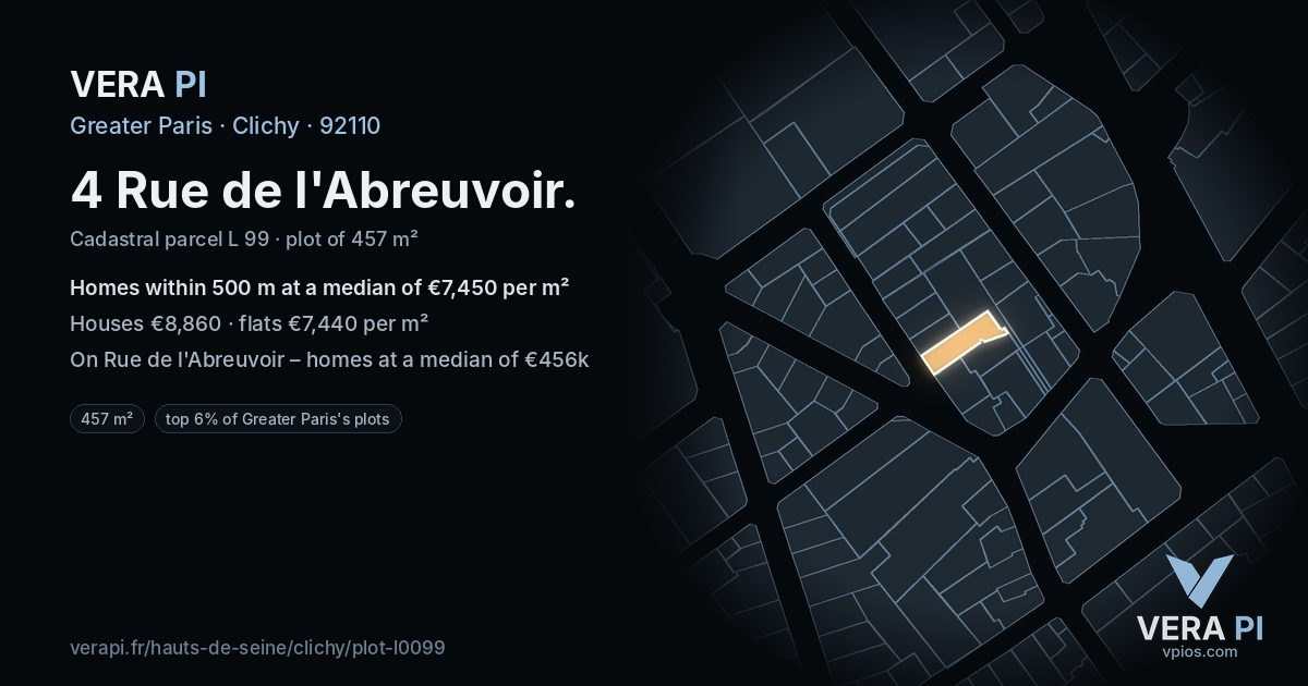 4 Rue de l'Abreuvoir, Clichy at night – the plot lit, the parcels around coloured by the prices near them