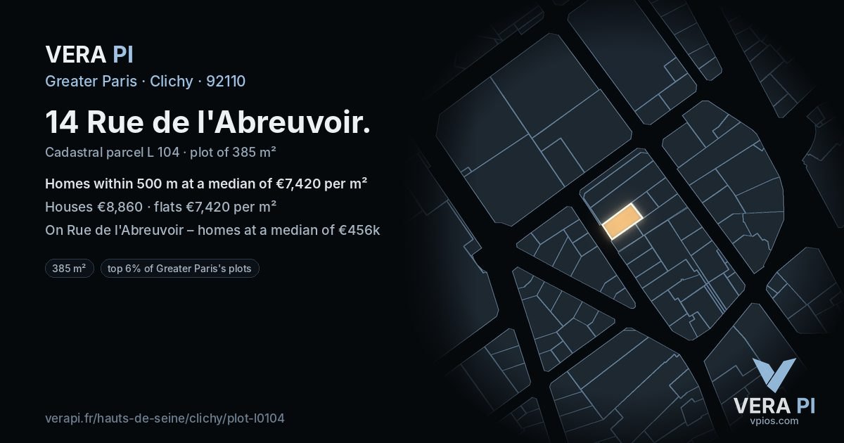 14 Rue de l'Abreuvoir, Clichy at night – the plot lit, the parcels around coloured by the prices near them