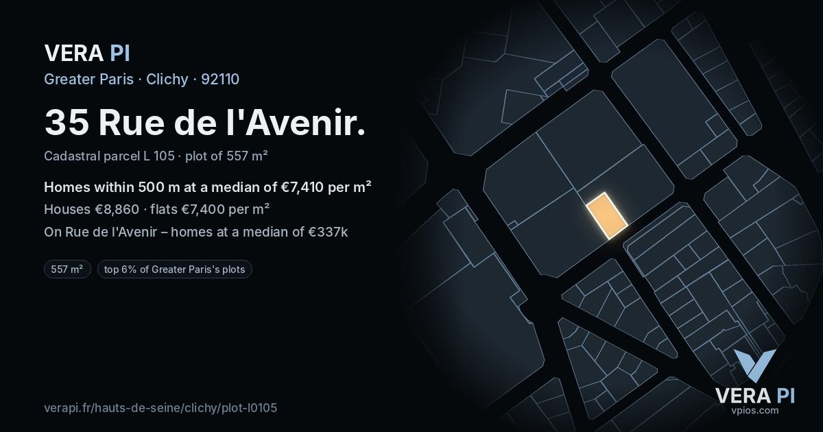 35 Rue de l'Avenir, Clichy at night – the plot lit, the parcels around coloured by the prices near them