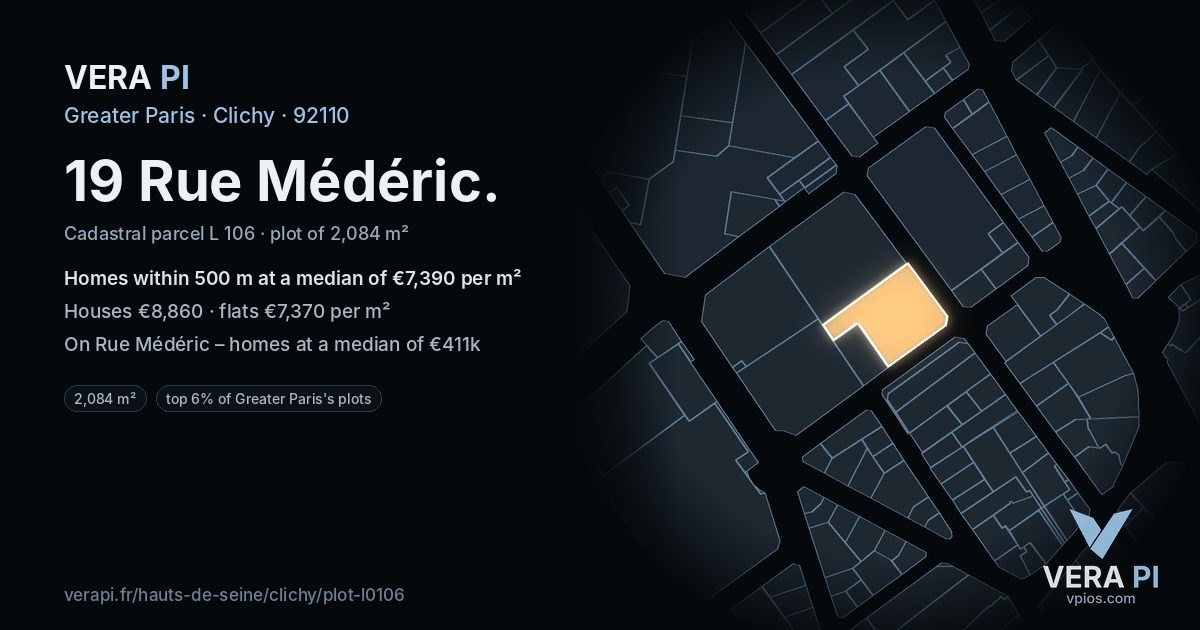 19 Rue Médéric, Clichy at night – the plot lit, the parcels around coloured by the prices near them