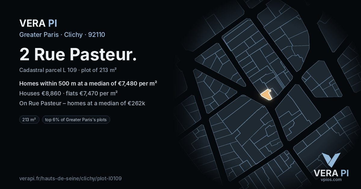 2 Rue Pasteur, Clichy at night – the plot lit, the parcels around coloured by the prices near them