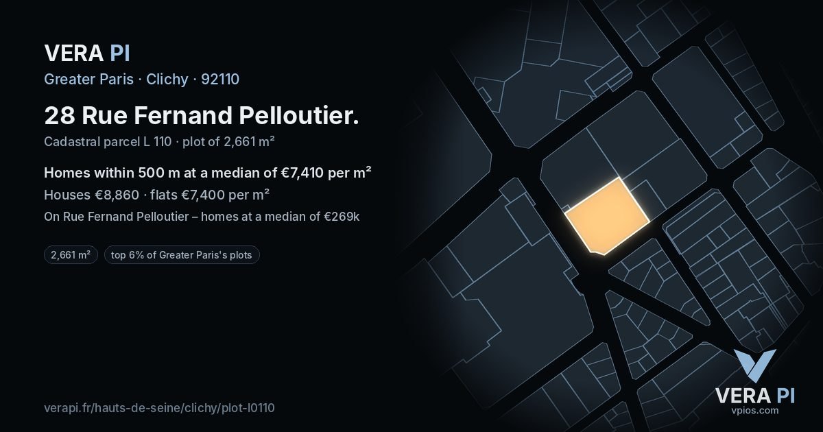 28 Rue Fernand Pelloutier, Clichy at night – the plot lit, the parcels around coloured by the prices near them