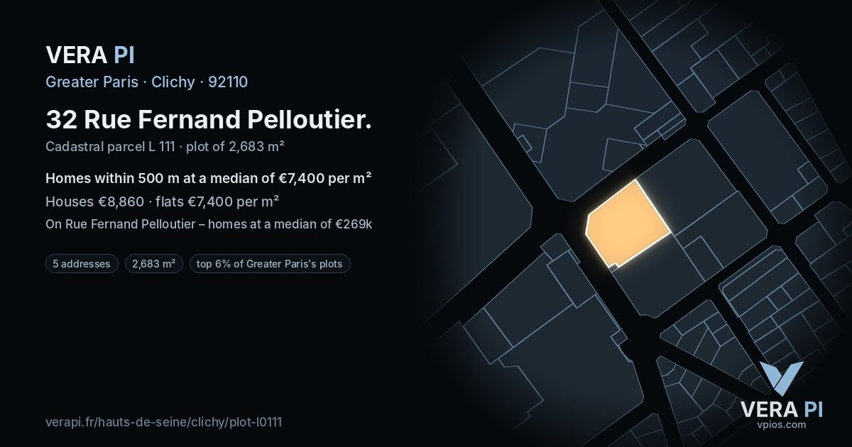 32 Rue Fernand Pelloutier, Clichy at night – the plot lit, the parcels around coloured by the prices near them