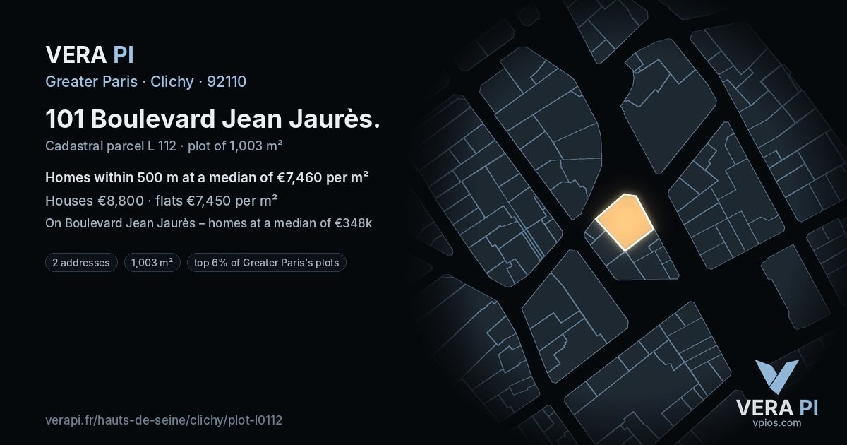 101 Boulevard Jean Jaurès, Clichy at night – the plot lit, the parcels around coloured by the prices near them