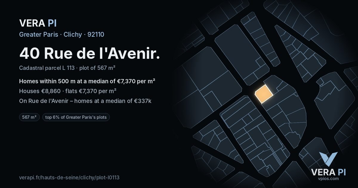 40 Rue de l'Avenir, Clichy at night – the plot lit, the parcels around coloured by the prices near them
