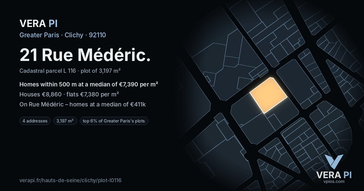 21 Rue Médéric, Clichy at night – the plot lit, the parcels around coloured by the prices near them