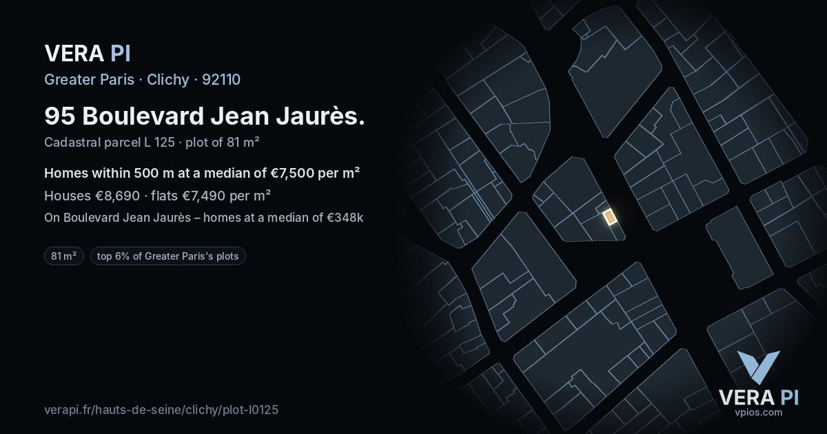 95 Boulevard Jean Jaurès, Clichy at night – the plot lit, the parcels around coloured by the prices near them