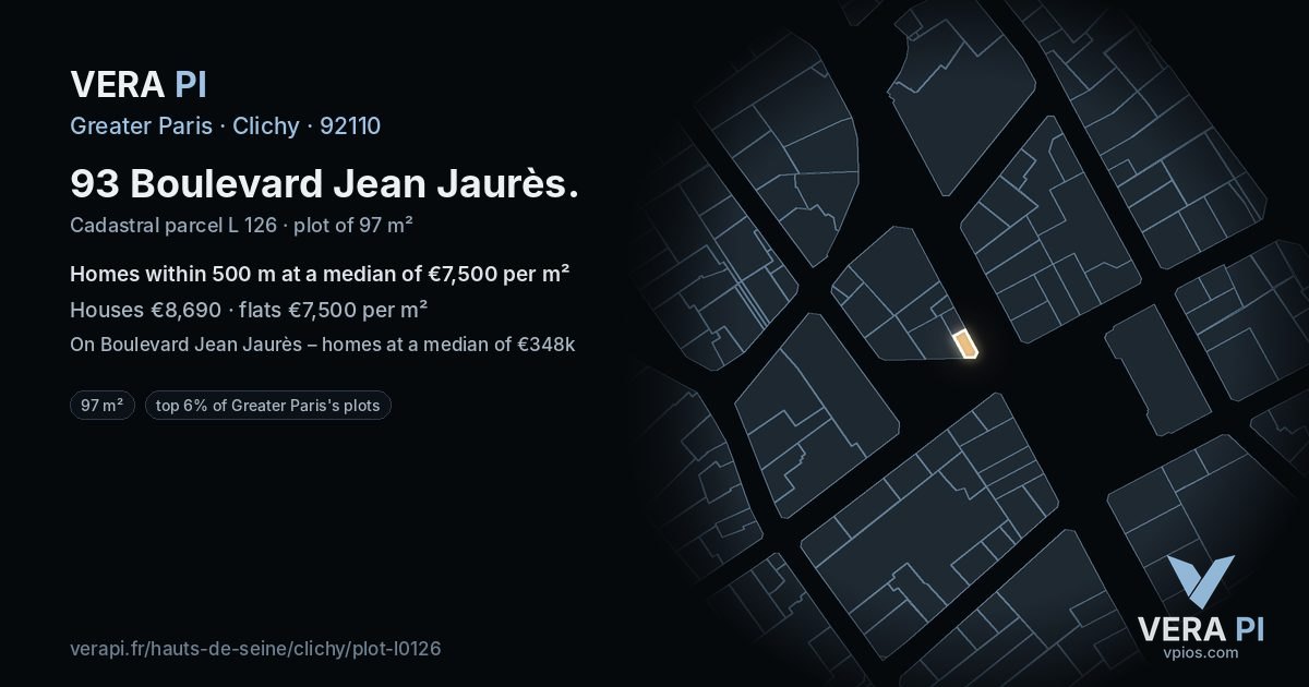 93 Boulevard Jean Jaurès, Clichy at night – the plot lit, the parcels around coloured by the prices near them
