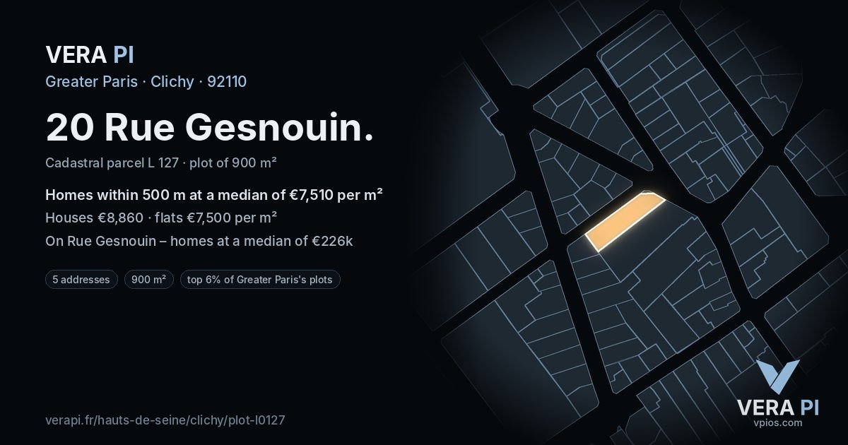20 Rue Gesnouin, Clichy at night – the plot lit, the parcels around coloured by the prices near them