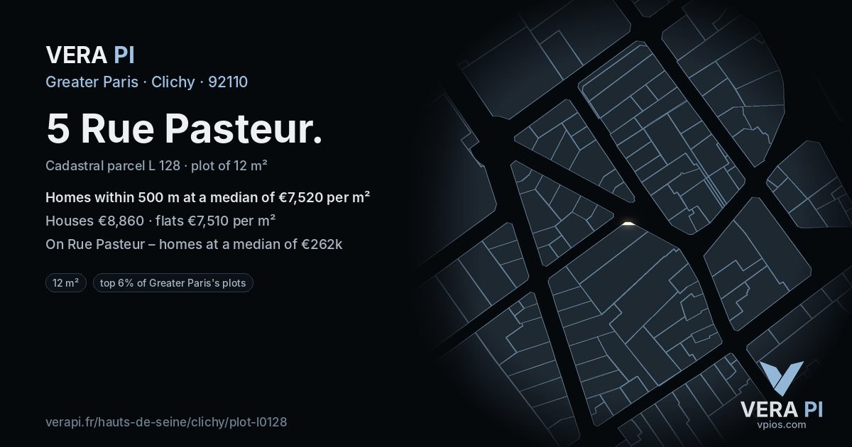 5 Rue Pasteur, Clichy at night – the plot lit, the parcels around coloured by the prices near them