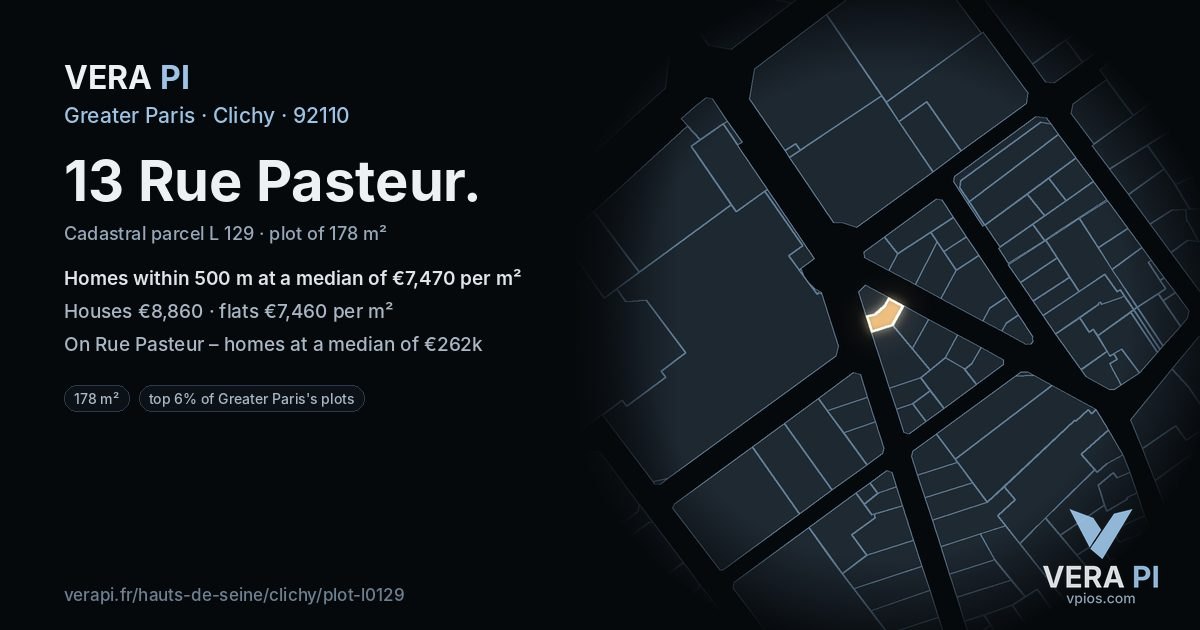13 Rue Pasteur, Clichy at night – the plot lit, the parcels around coloured by the prices near them