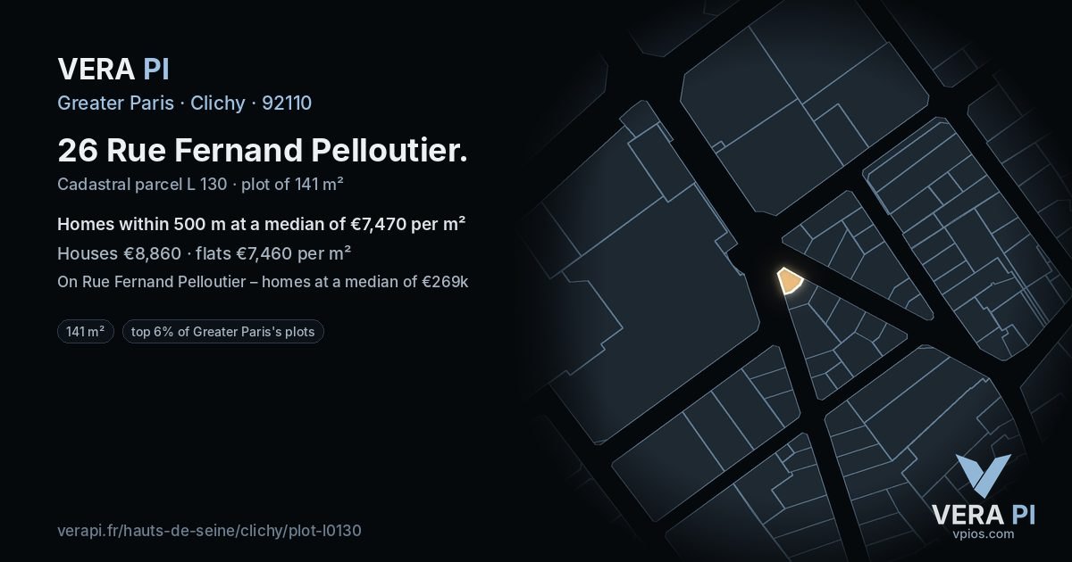 26 Rue Fernand Pelloutier, Clichy at night – the plot lit, the parcels around coloured by the prices near them