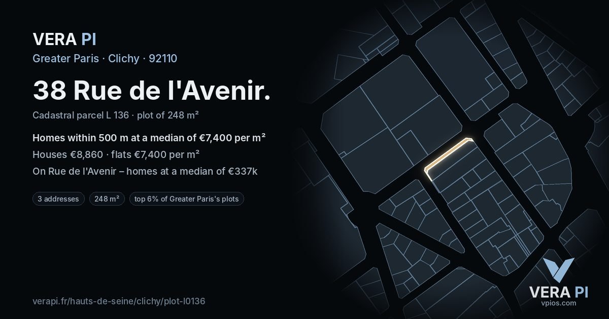 38 Rue de l'Avenir, Clichy at night – the plot lit, the parcels around coloured by the prices near them