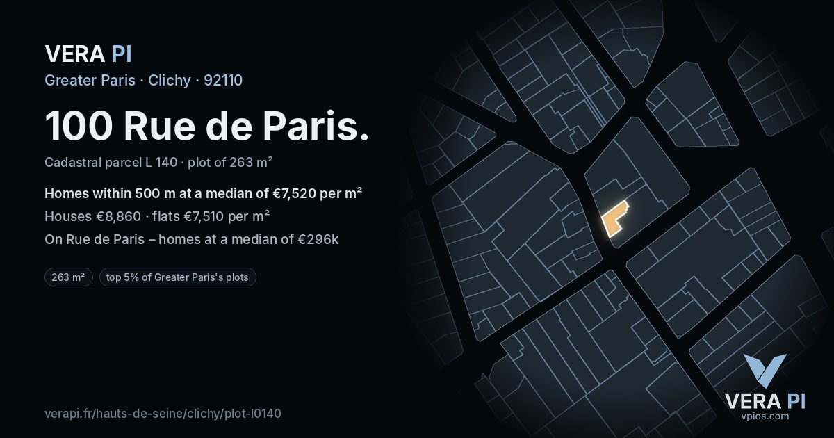 100 Rue de Paris, Clichy at night – the plot lit, the parcels around coloured by the prices near them