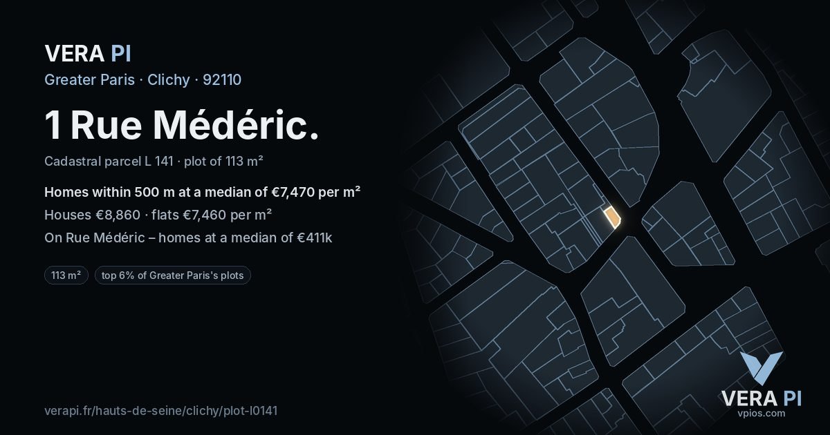 1 Rue Médéric, Clichy at night – the plot lit, the parcels around coloured by the prices near them