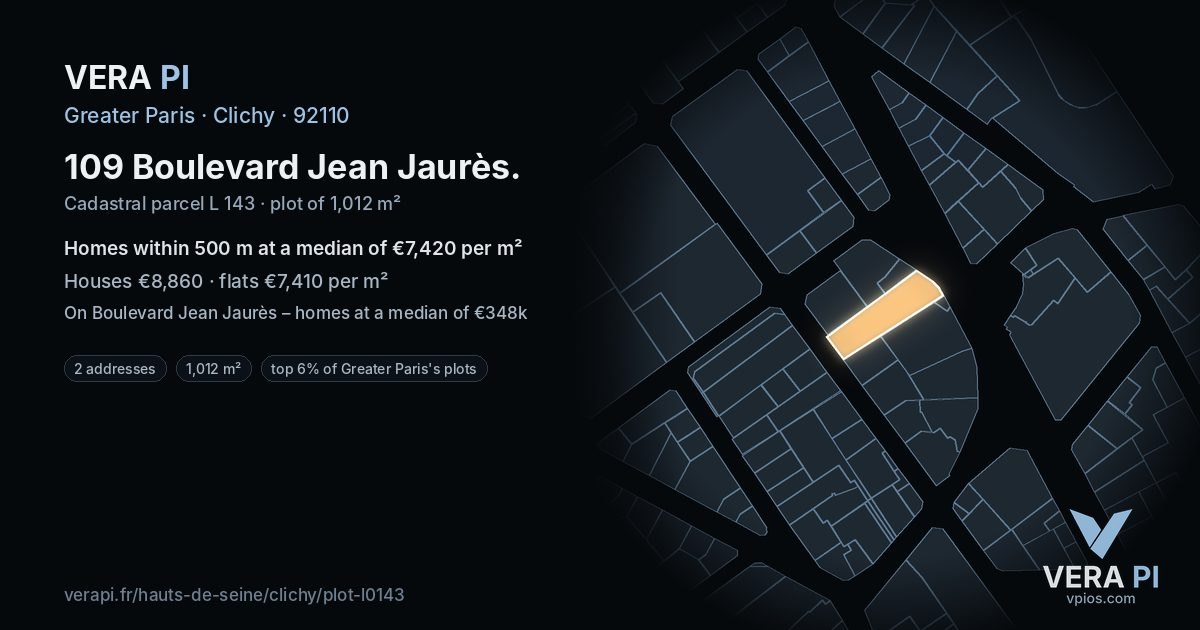 109 Boulevard Jean Jaurès, Clichy at night – the plot lit, the parcels around coloured by the prices near them