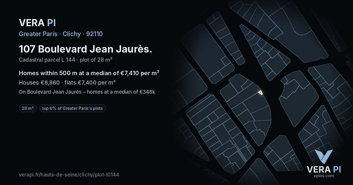 107 Boulevard Jean Jaurès, Clichy at night – the plot lit, the parcels around coloured by the prices near them