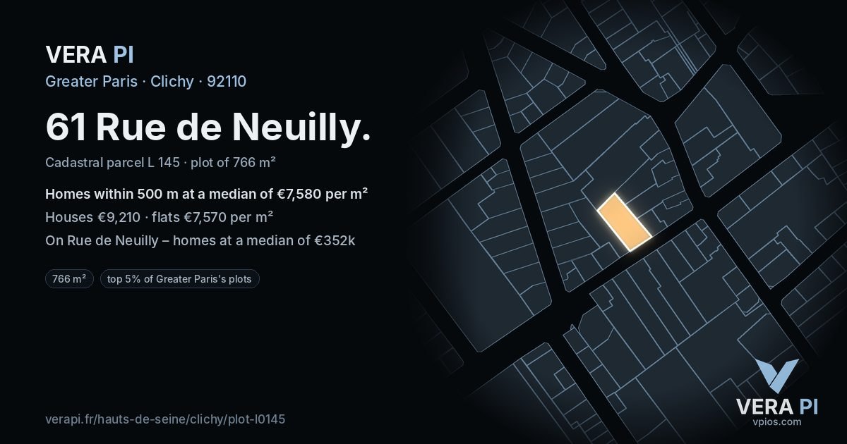 61 Rue de Neuilly, Clichy at night – the plot lit, the parcels around coloured by the prices near them
