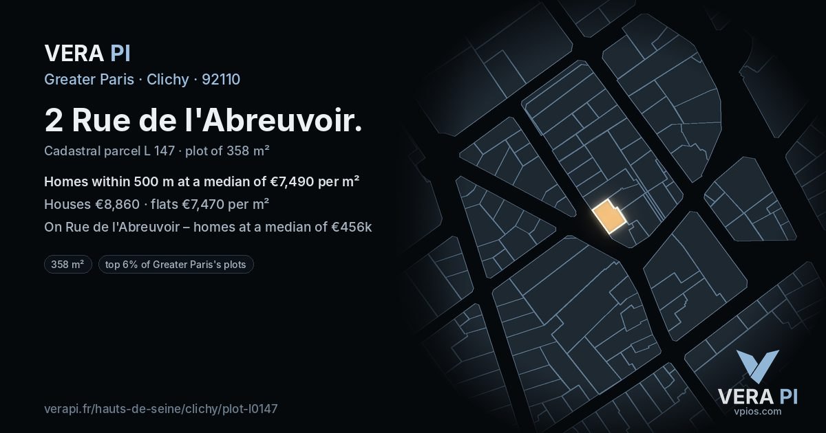 2 Rue de l'Abreuvoir, Clichy at night – the plot lit, the parcels around coloured by the prices near them