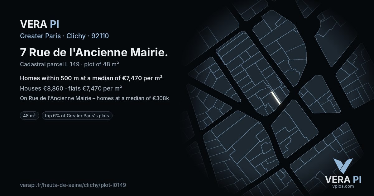 7 Rue de l'Ancienne Mairie, Clichy at night – the plot lit, the parcels around coloured by the prices near them