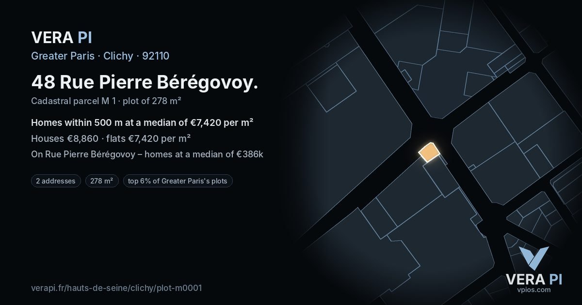 48 Rue Pierre Bérégovoy, Clichy at night – the plot lit, the parcels around coloured by the prices near them