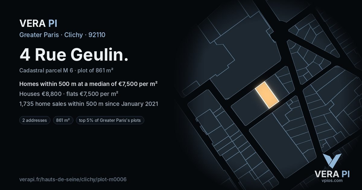 4 Rue Geulin, Clichy at night – the plot lit, the parcels around coloured by the prices near them
