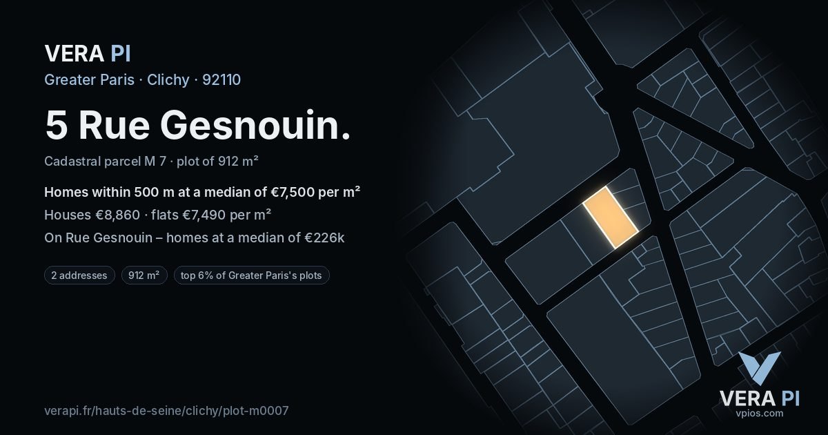 5 Rue Gesnouin, Clichy at night – the plot lit, the parcels around coloured by the prices near them