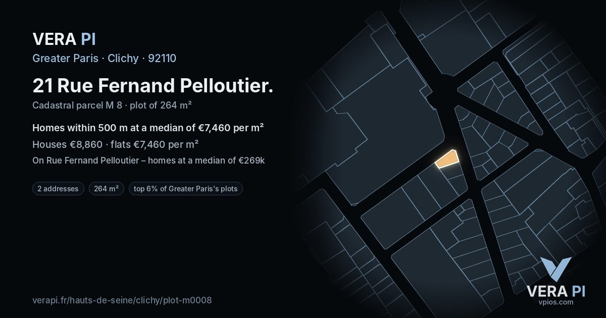 21 Rue Fernand Pelloutier, Clichy at night – the plot lit, the parcels around coloured by the prices near them