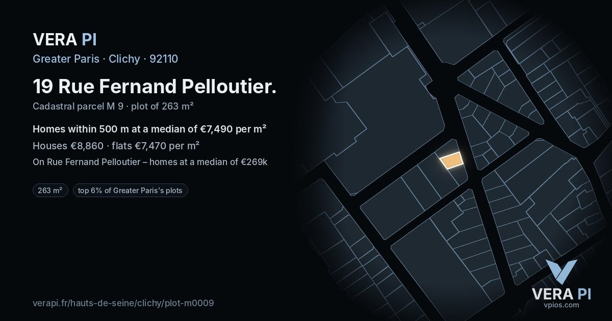 19 Rue Fernand Pelloutier, Clichy at night – the plot lit, the parcels around coloured by the prices near them