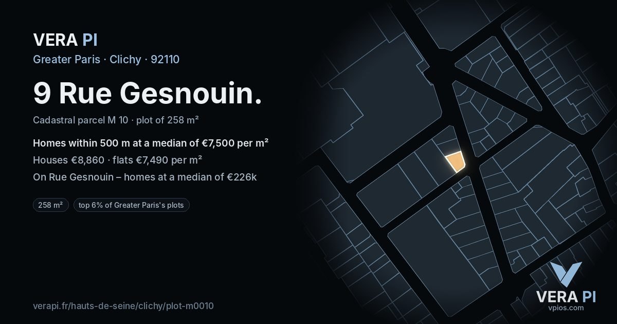 9 Rue Gesnouin, Clichy at night – the plot lit, the parcels around coloured by the prices near them