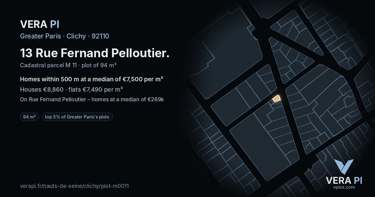 13 Rue Fernand Pelloutier, Clichy at night – the plot lit, the parcels around coloured by the prices near them